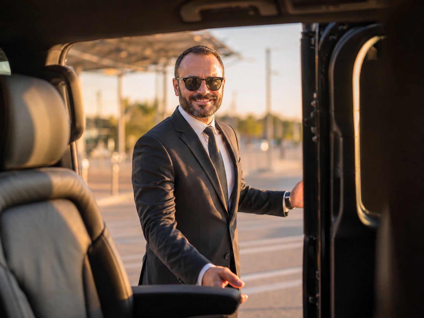 Professional chauffeur welcoming passenger into a VIP van