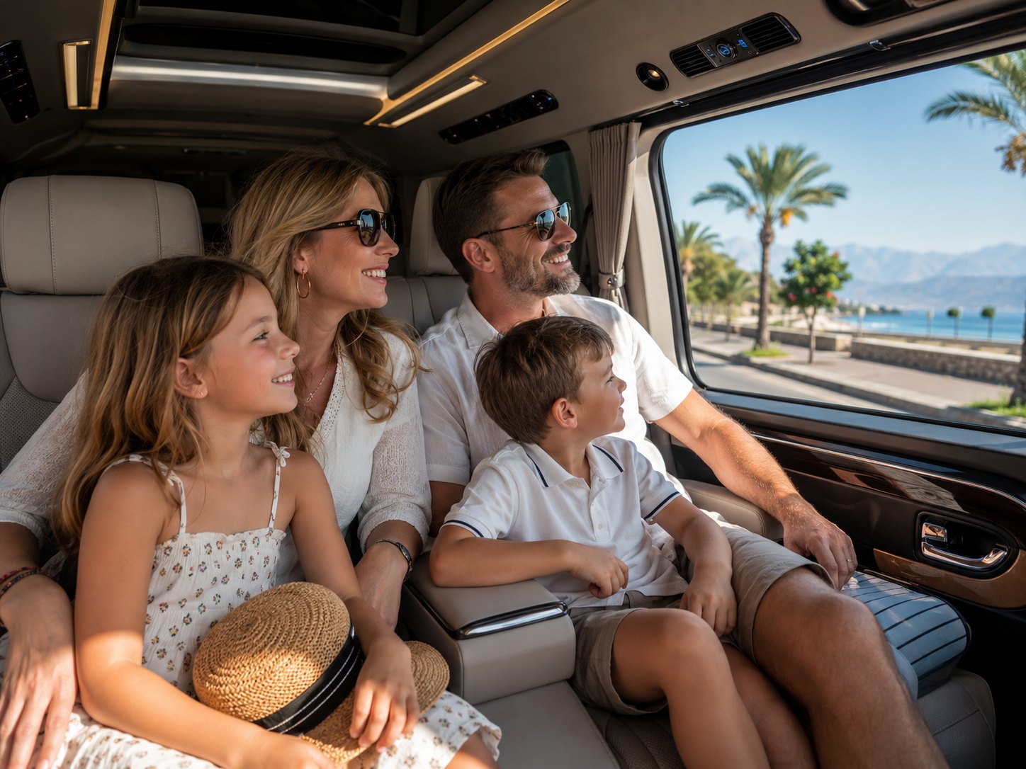 Happy family inside luxury VIP transfer van